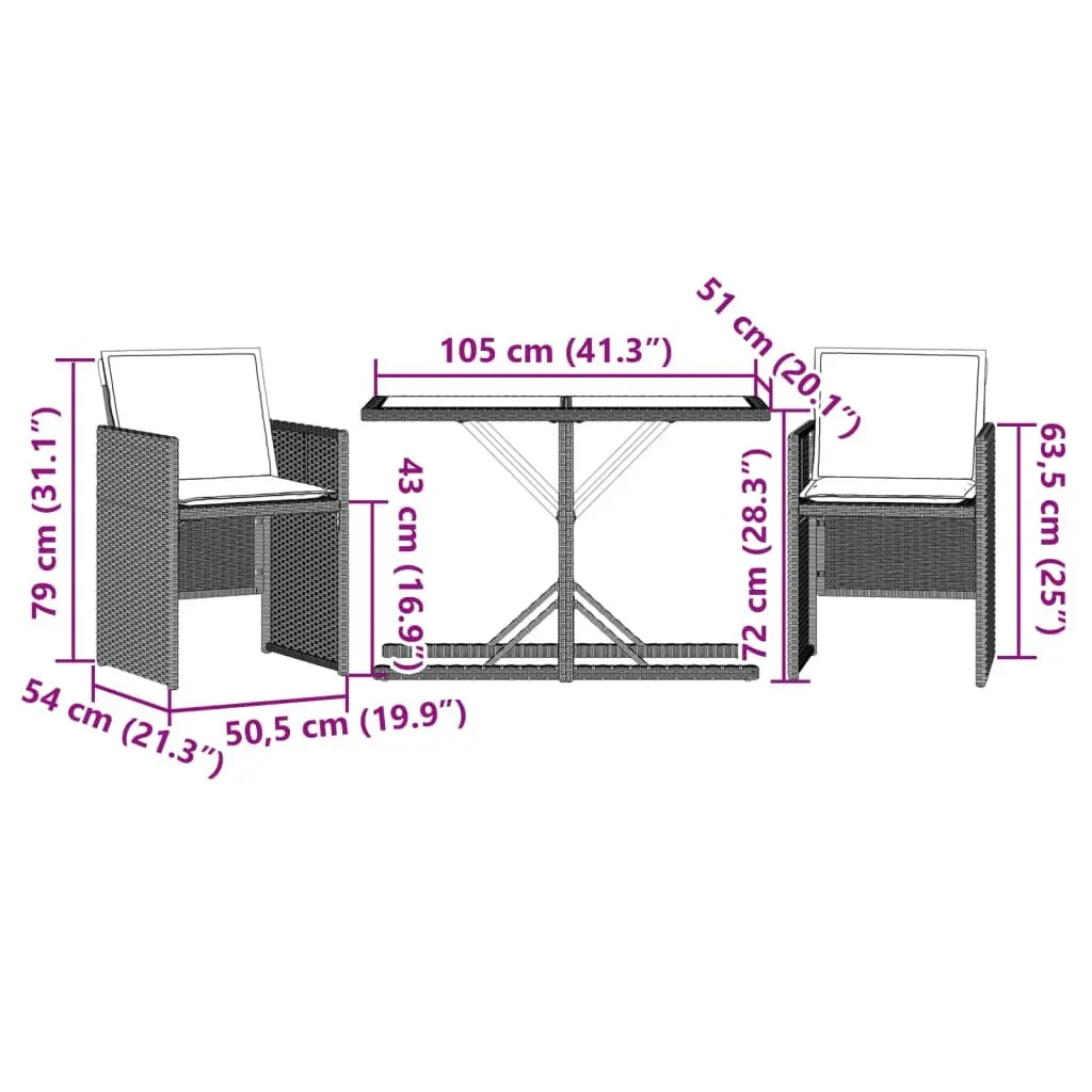 3 Piece Bistro Set Outdoor Seating Grey Poly Rattan Chairs Table Garden Patio Furniture