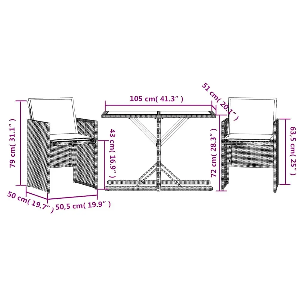 3 Piece Bistro Set Outdoor Furniture Beige Poly Rattan Cushions Table