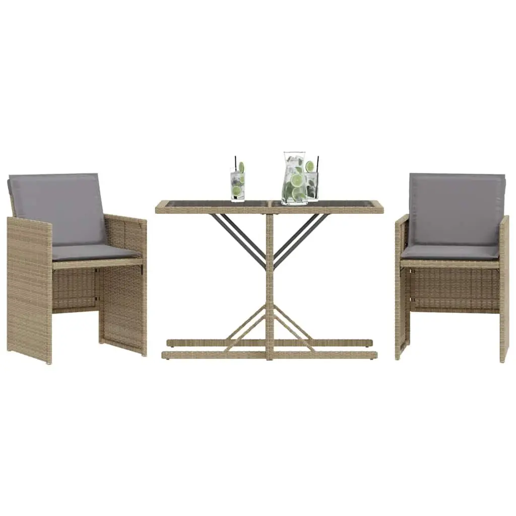 3 Piece Bistro Set Outdoor Furniture Beige Poly Rattan Cushions Table