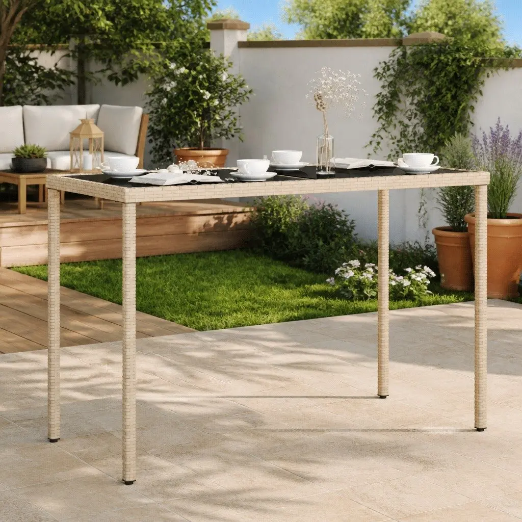 Garden Table Outdoor Patio Furniture 115x54x74cm Beige Poly Rattan Glass Top