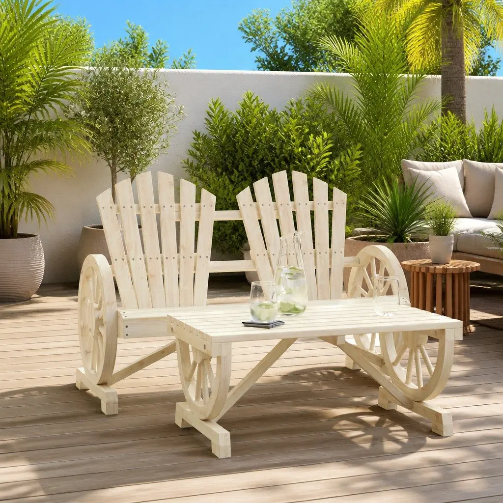 Outdoor Sectional Sofa Set 2 Piece Wooden Lounge Chair Coffee Table Garden