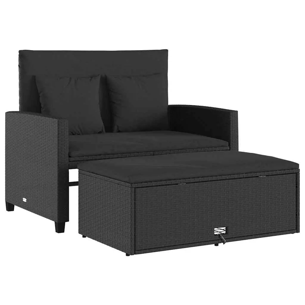 2-Seater Garden Sofa Bed Black Poly Rattan Outdoor Bench with Cushions