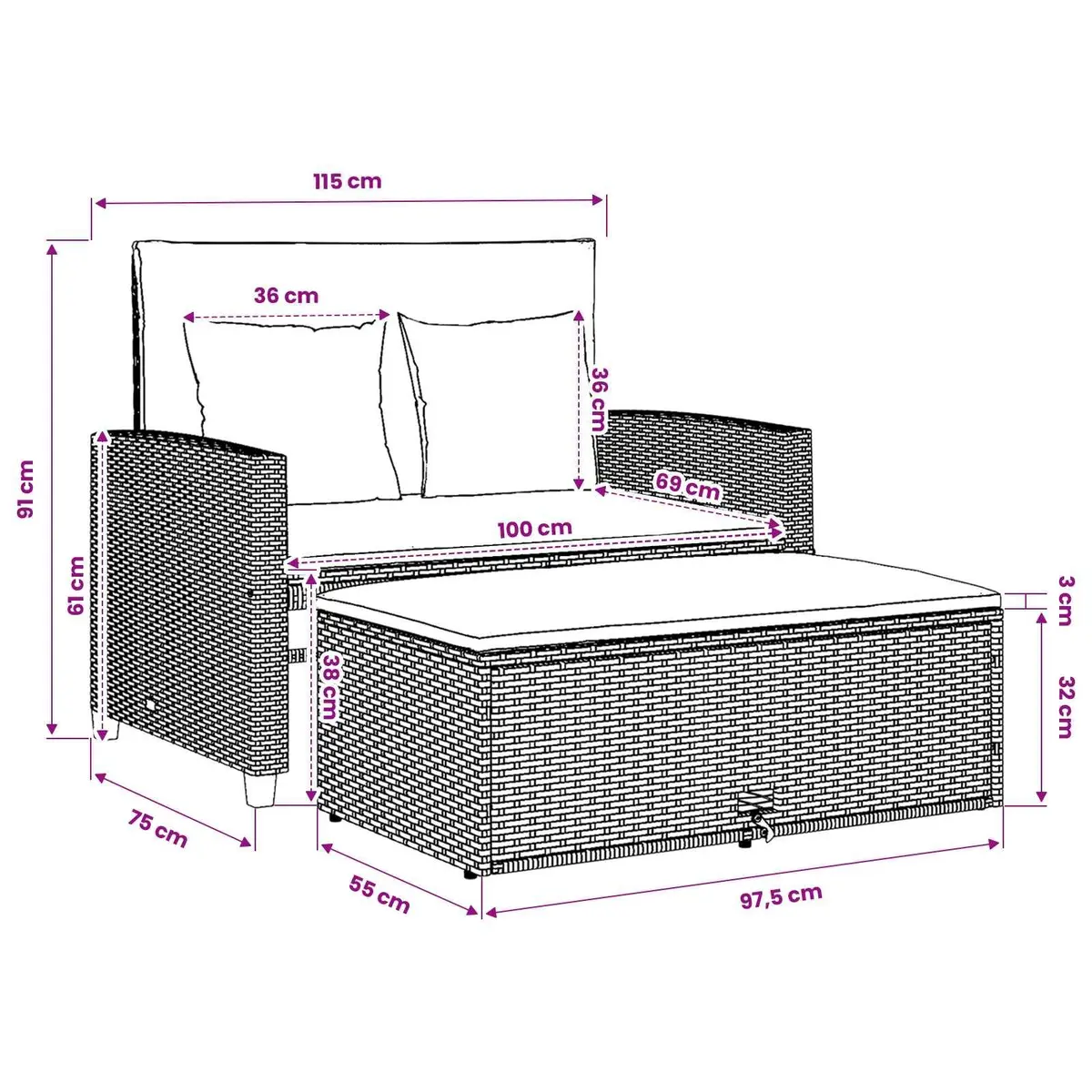 2-Seater Garden Sofa Bed Black Poly Rattan Outdoor Bench with Cushions