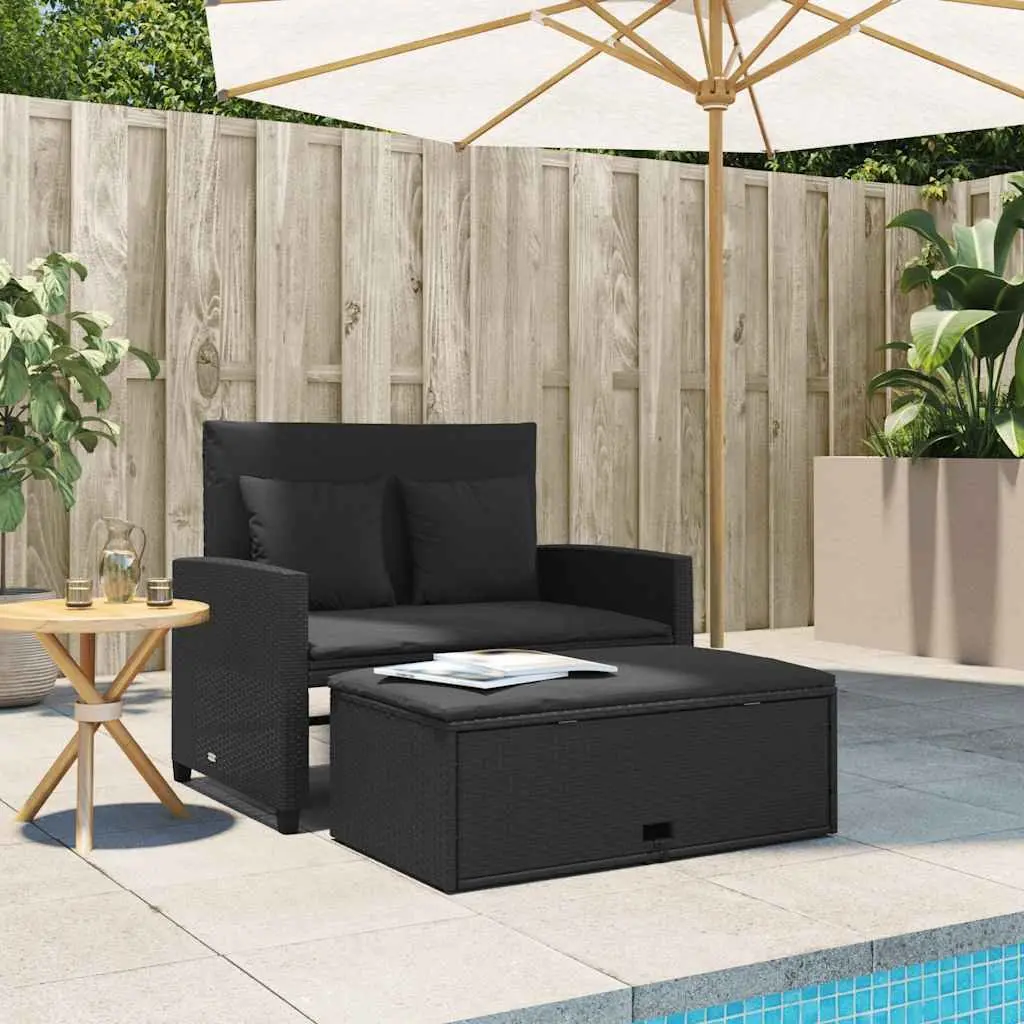 2-Seater Garden Sofa Bed Black Poly Rattan Outdoor Bench with Cushions