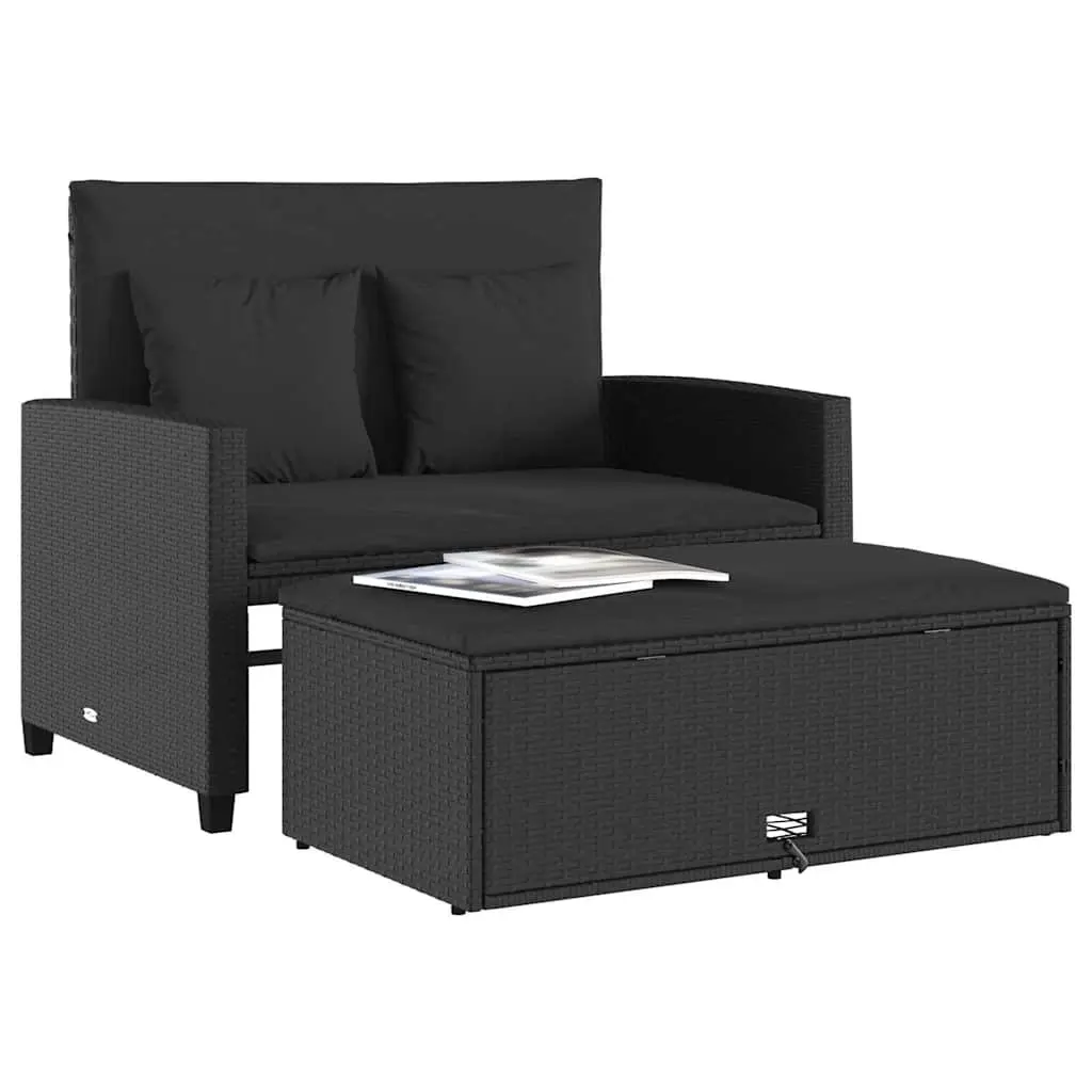 2-Seater Garden Sofa Bed Black Poly Rattan Outdoor Bench with Cushions