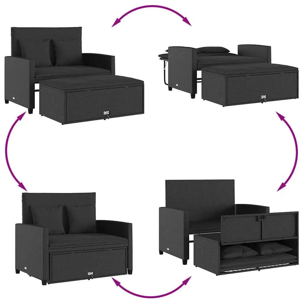 2-Seater Garden Sofa Bed Black Poly Rattan Outdoor Bench with Cushions