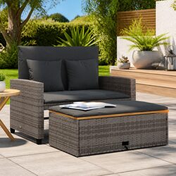 2-Seater Outdoor Garden Sofa Bed with Footstool and Removable Cushions Grey