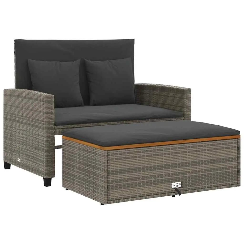 2-Seater Garden Sofa Bench Outdoor Grey Poly Rattan Acacia Wood with Cushions