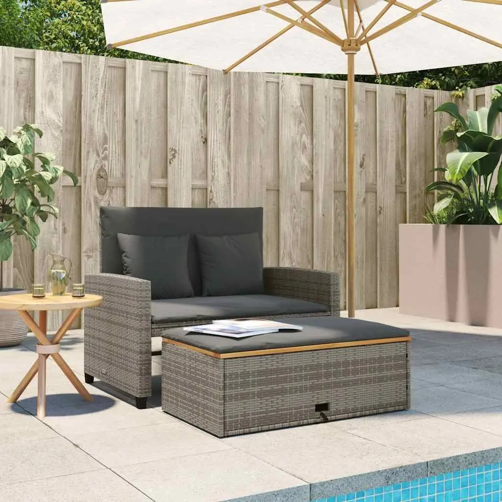 2-Seater Garden Sofa Bench Outdoor Grey Poly Rattan Acacia Wood with Cushions