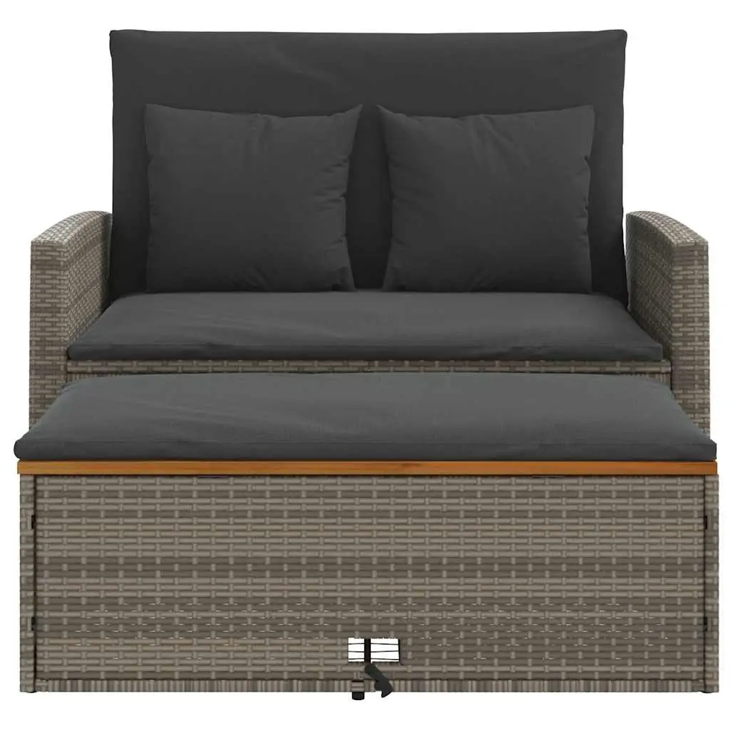 2-Seater Garden Sofa Bench Outdoor Grey Poly Rattan Acacia Wood with Cushions
