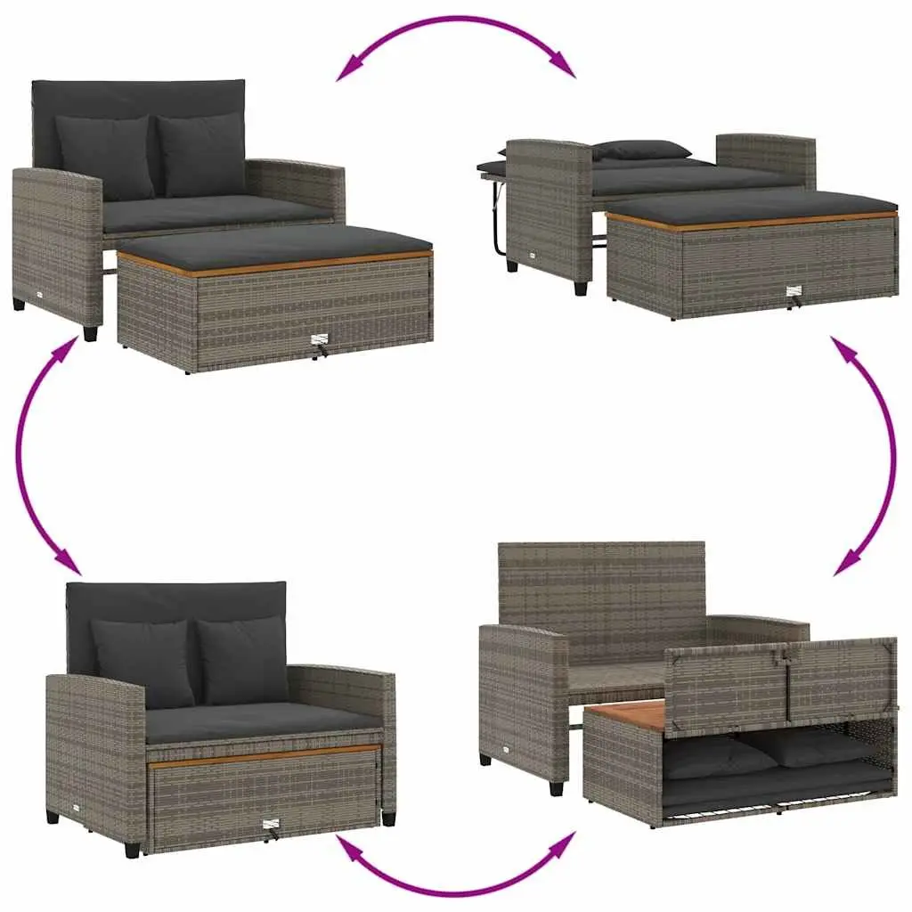 2-Seater Garden Sofa Bench Outdoor Grey Poly Rattan Acacia Wood with Cushions