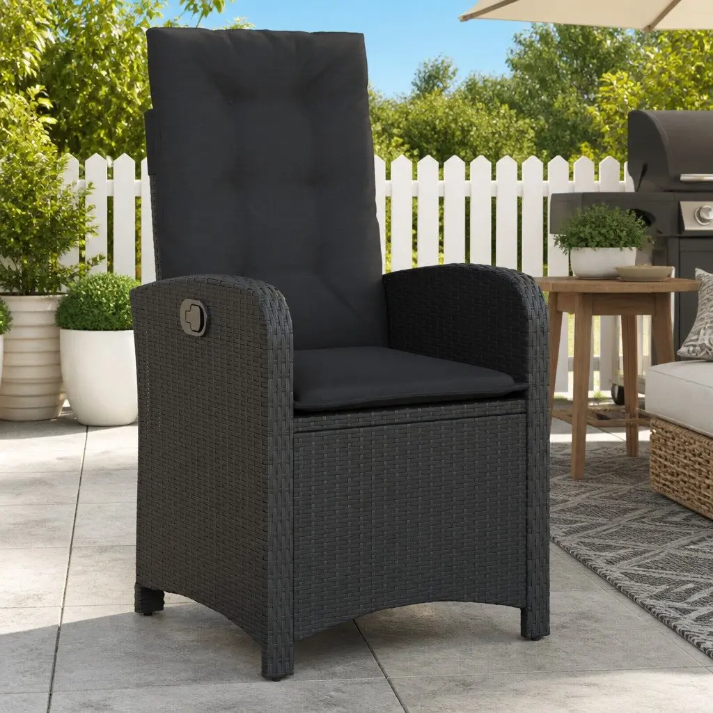 Reclining Garden Chair Adjustable Black Poly Rattan with Cushions