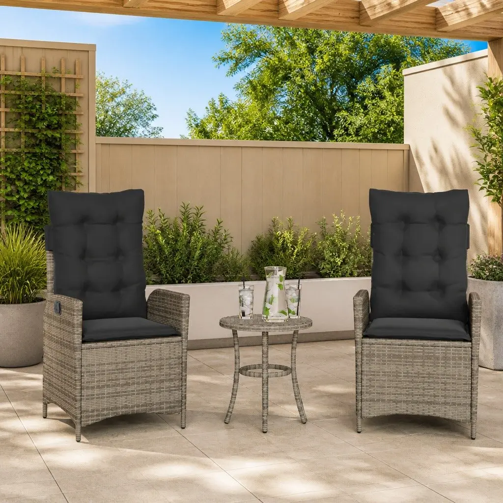 Reclining Outdoor Garden Chairs 2pc Set Grey Poly Rattan with Cushions
