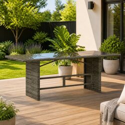Garden Table Outdoor Patio Furniture Grey Poly Rattan Glass Top 190x80x74cm