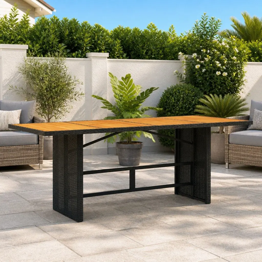 Garden Outdoor Dining Table Black Poly Rattan Frame Wooden Top Patio Furniture