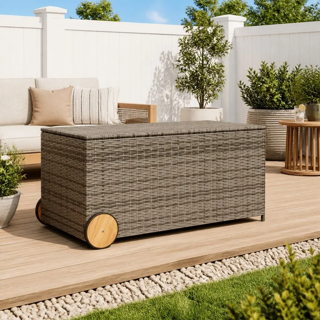 Garden Storage Box Outdoor Furniture 190L Grey Poly Rattan with Wheels