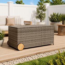 Garden Storage Box with Wheels Grey Outdoor Furniture Poly Rattan Patio Deck