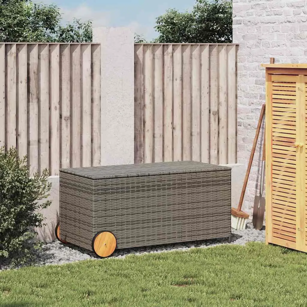 Garden Storage Box Outdoor Furniture 190L Grey Poly Rattan with Wheels