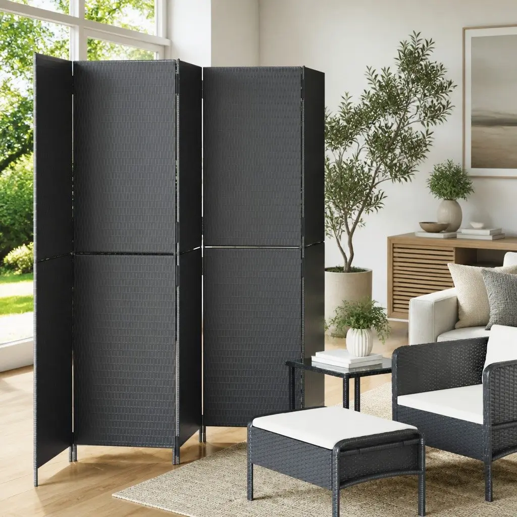 Room Divider Privacy Screen 5 Panels Black Poly Rattan Folding Partition