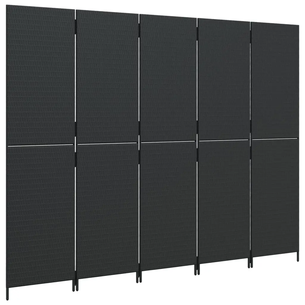 Room Divider Privacy Screen 5 Panels Black Poly Rattan Folding Partition