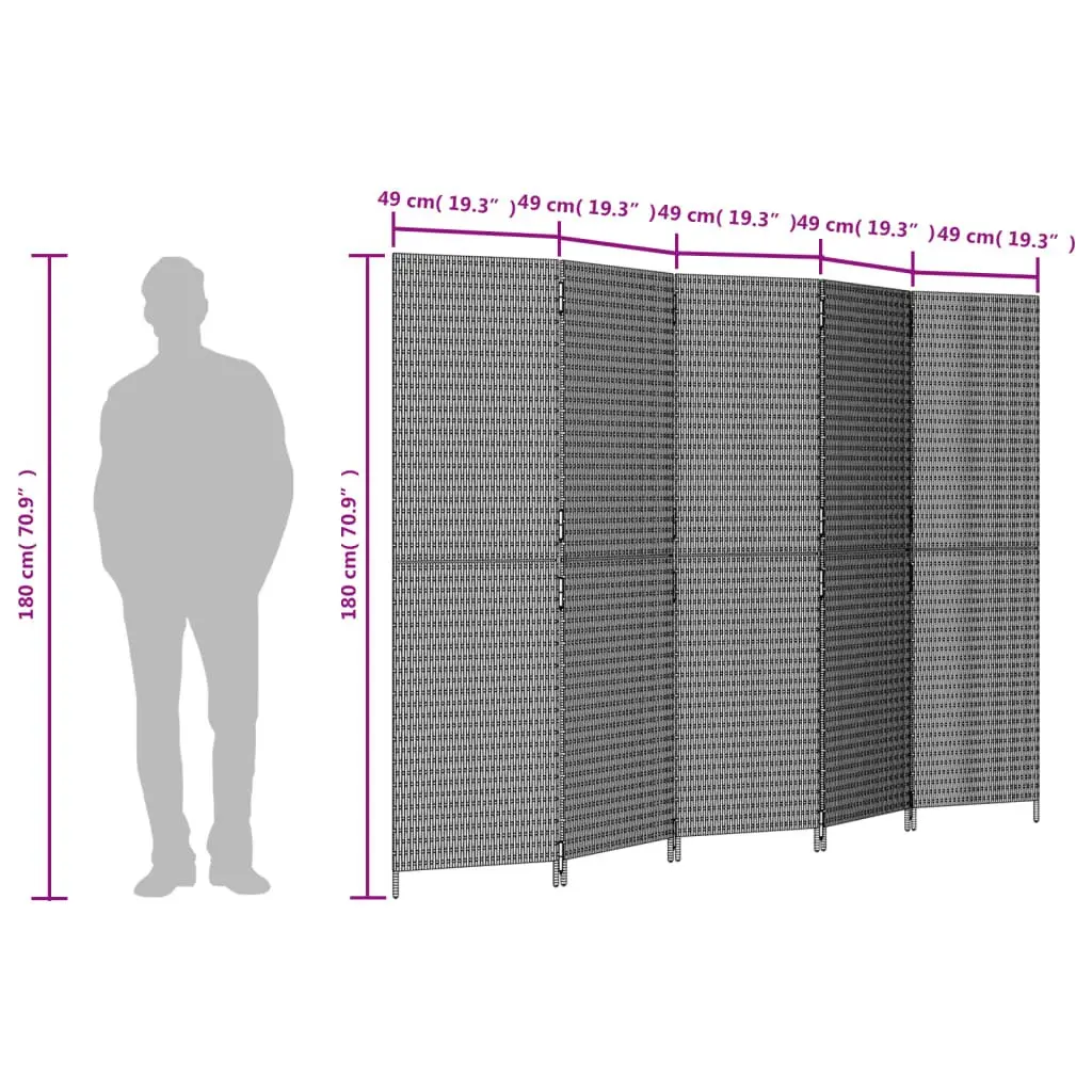 Room Divider Privacy Screen 5 Panels Black Poly Rattan Folding Partition