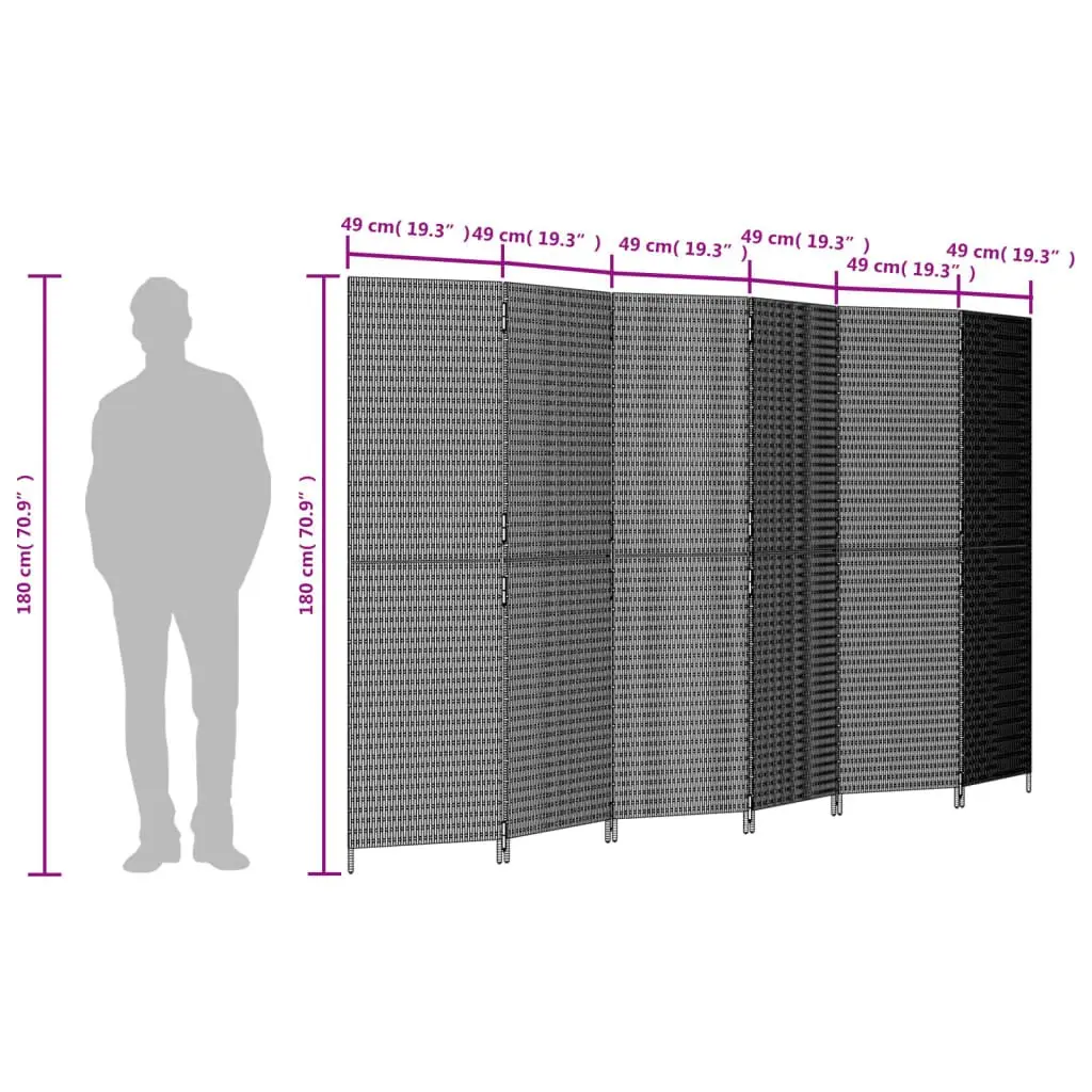 Room Divider Privacy Screen 6 Panels Black Poly Rattan Folding Partition