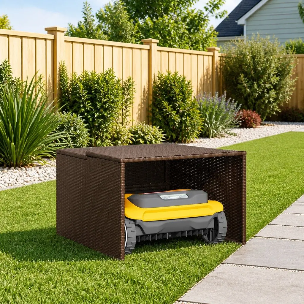 Robot Mower Garage Outdoor Storage Shed Weather Resistant Brown 86 x 90 x 52/57 cm