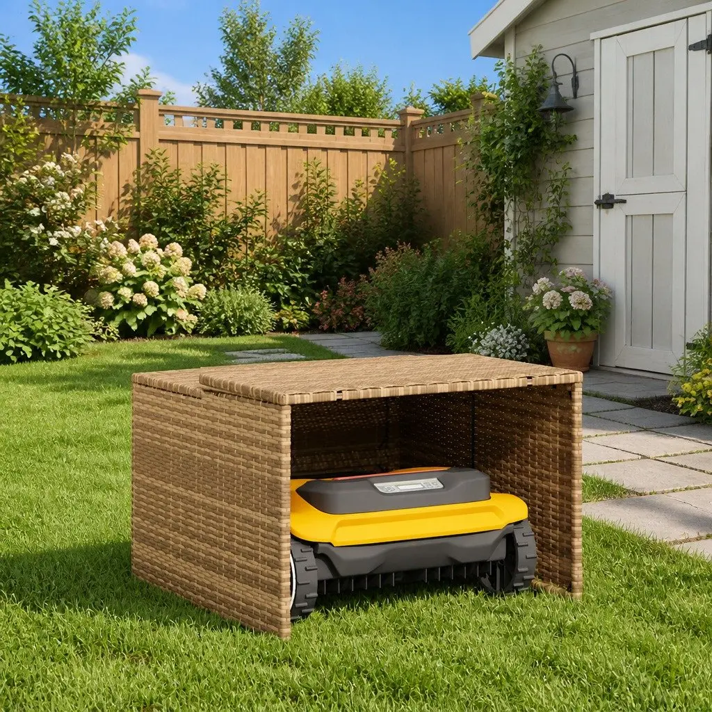 Robot Mower Garage Protective Shelter Outdoor Storage Shed Beige 86 x 90 x 52/57 cm