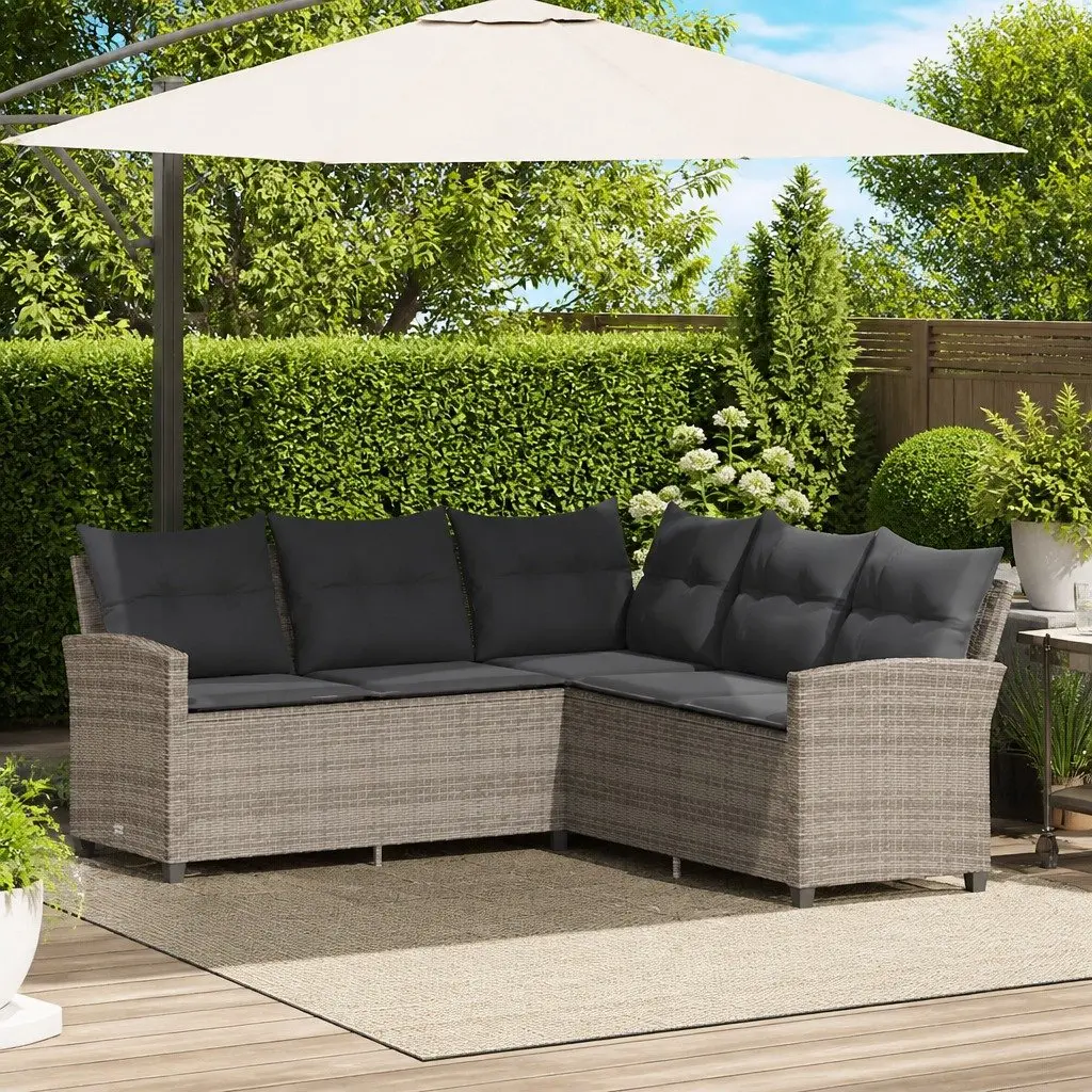 L-Shaped Couch Sofa Outdoor Garden Patio Grey Poly Rattan with Cushions