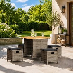 5 Piece Garden Dining Set Outdoor Table Chairs Grey Poly Rattan Cushions Patio