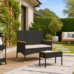 2-Seater Garden Bench with Cushions and Coffee Table Black Poly Rattan Patio