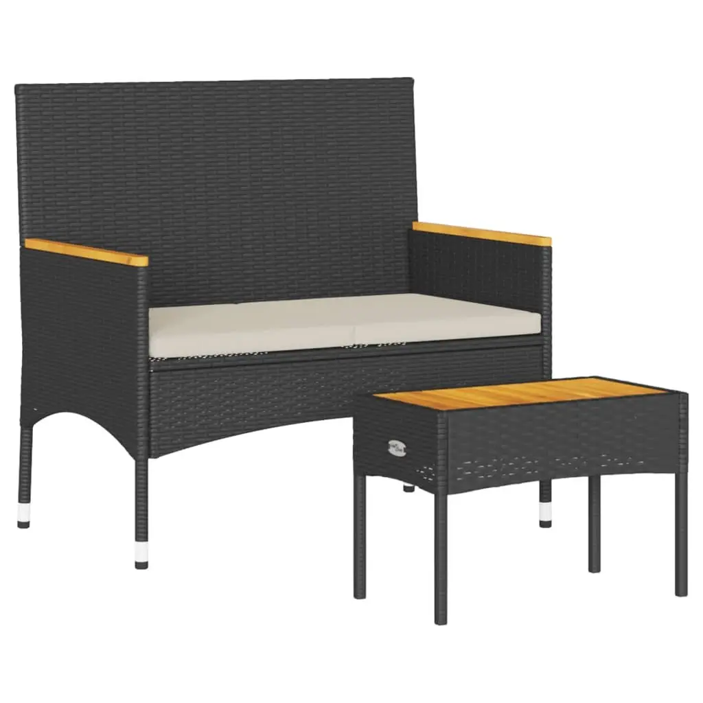 2-Seater Garden Bench with Table and Cushions Black Poly Rattan Outdoor