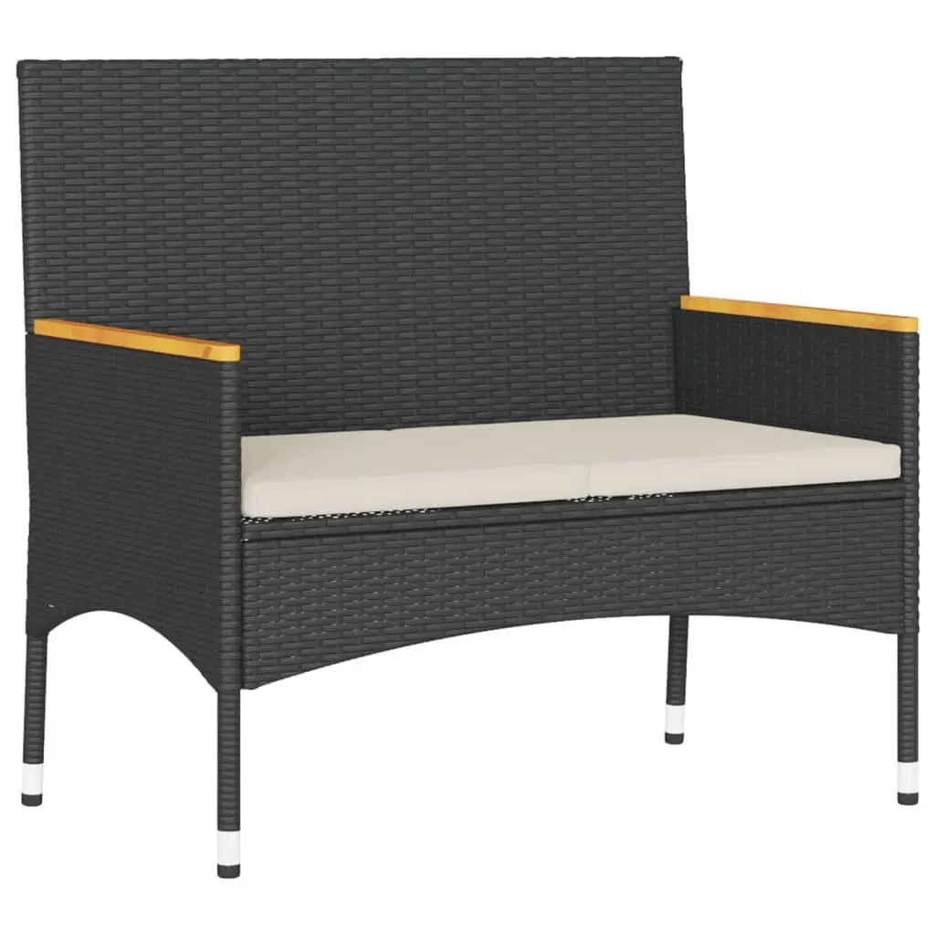 2-Seater Garden Bench with Table and Cushions Black Poly Rattan Outdoor