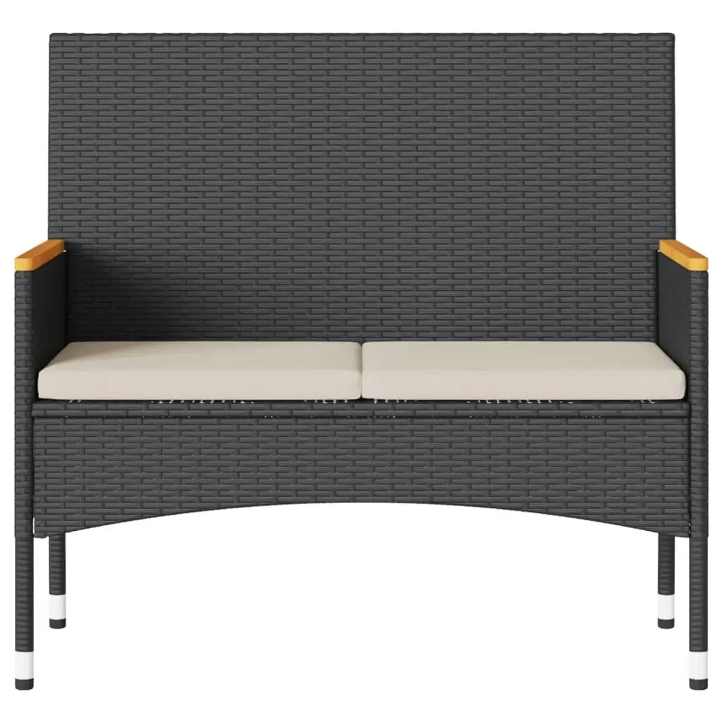 2-Seater Garden Bench with Table and Cushions Black Poly Rattan Outdoor