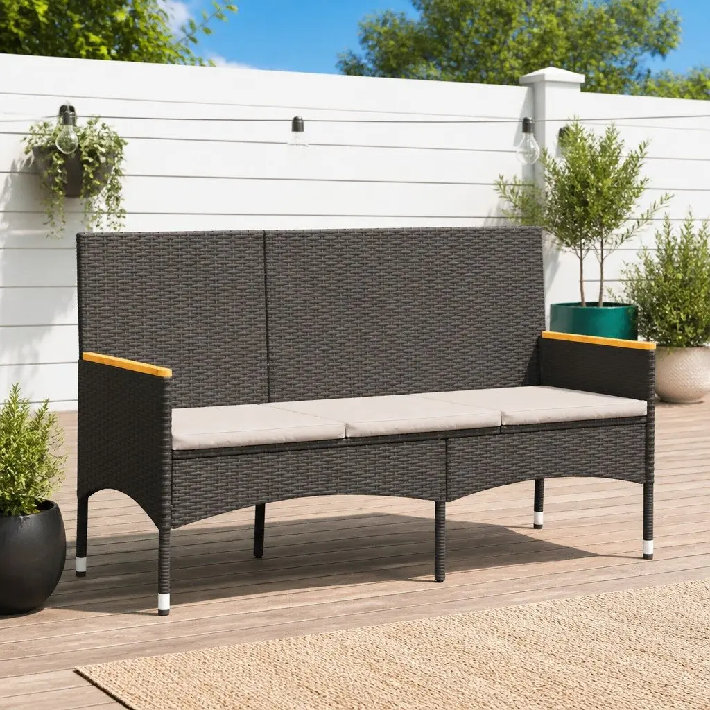Garden Bench 3-Seater Outdoor Patio Furniture Black Rattan