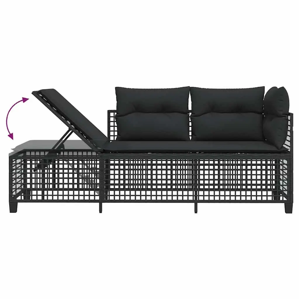 Corner Garden Sofa Set 3 Piece Outdoor Relaxation Adjustable Black Poly Rattan with Cushions and Glass Table