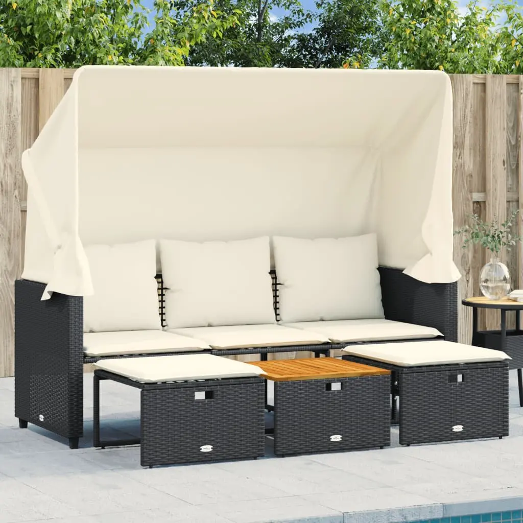 Garden Sofa 3-Seater Outdoor Seating with Retractable Canopy Black