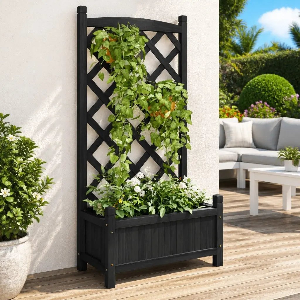 Wooden Planter Trellis Climbing Plants Black Fir Garden Patio Outdoor