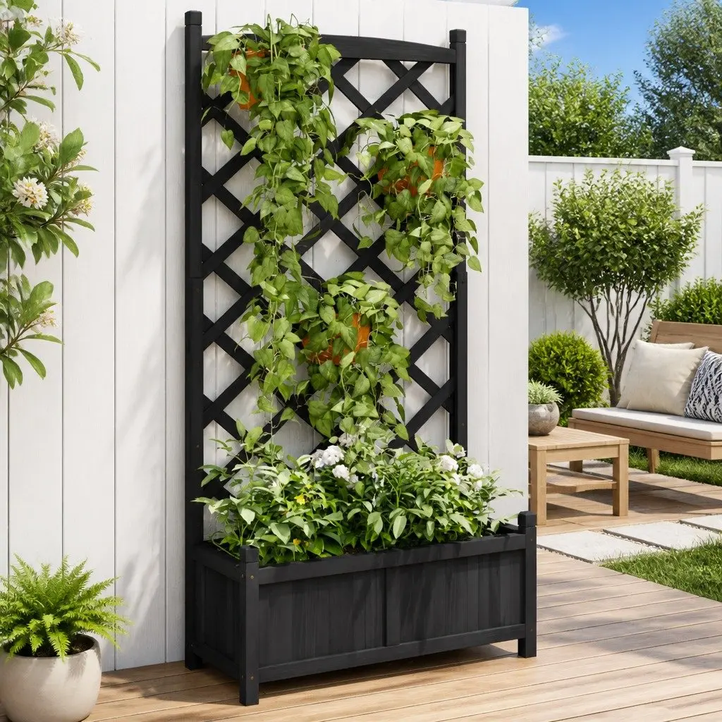 Planter with Trellis Climbing Plants Black Solid Wood Fir Garden Outdoor