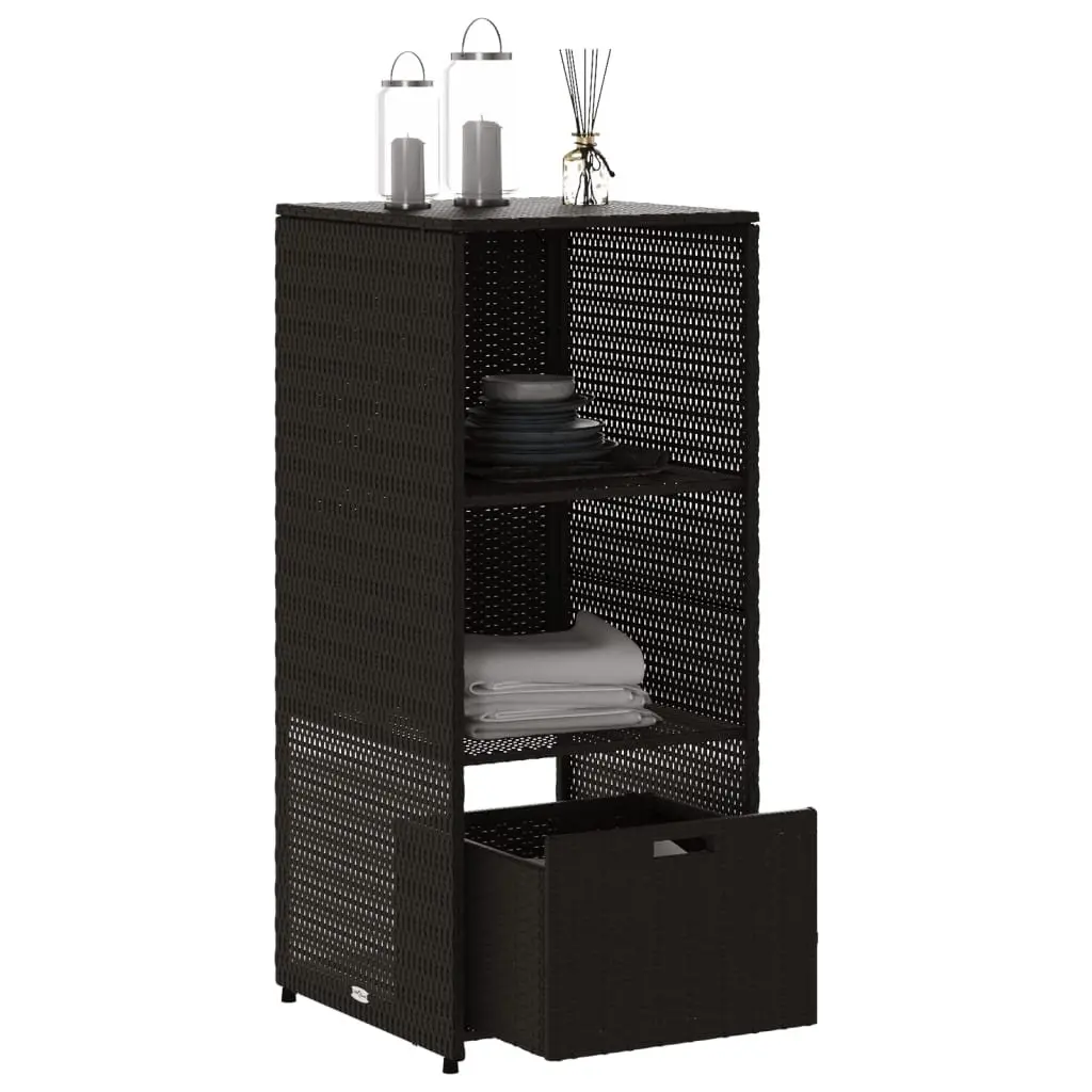 Garden Storage Cabinet Outdoor Poly Rattan Black 2 Shelves Drawer 50W x 55D x 115H cm