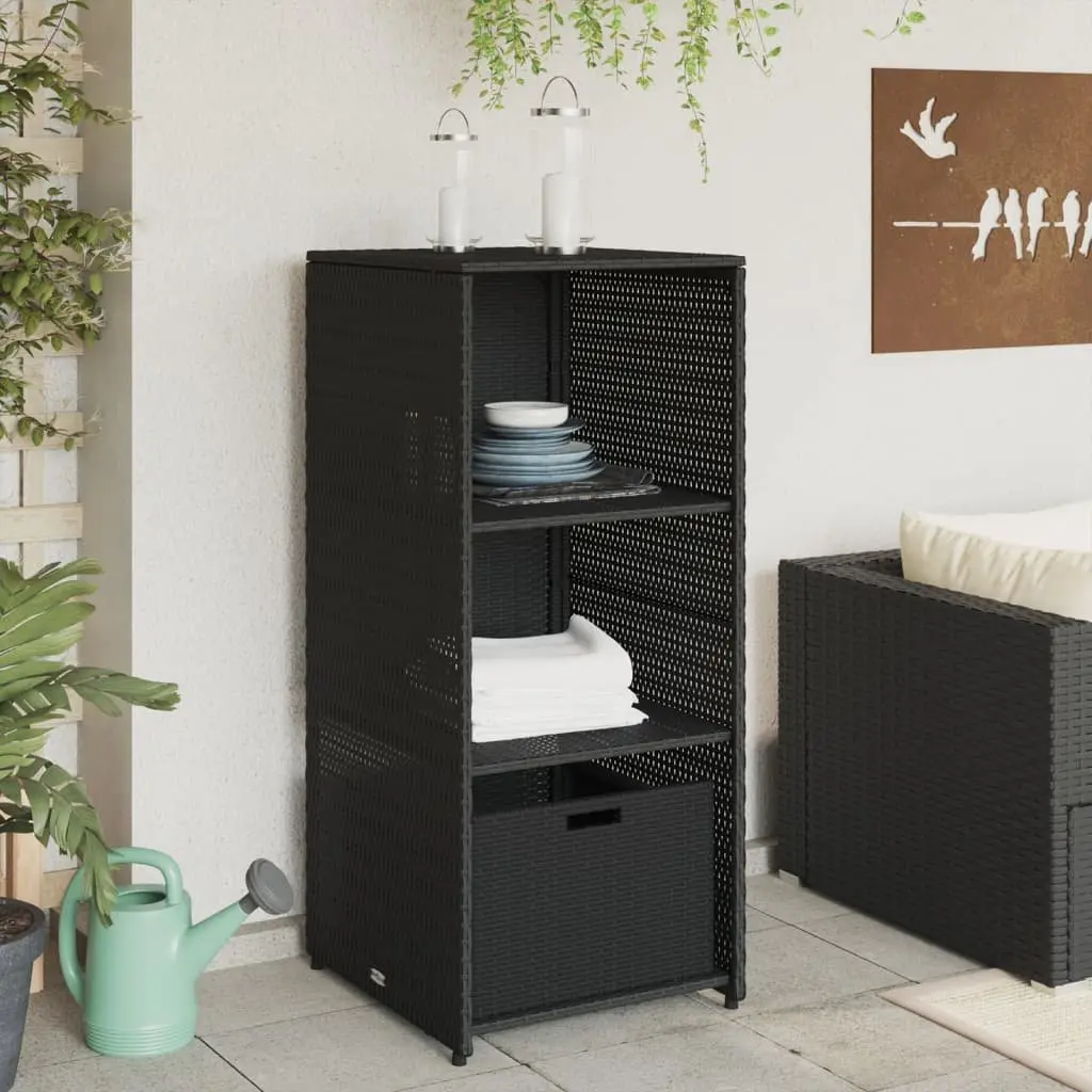 Garden Storage Cabinet Outdoor Poly Rattan Black 2 Shelves Drawer 50W x 55D x 115H cm