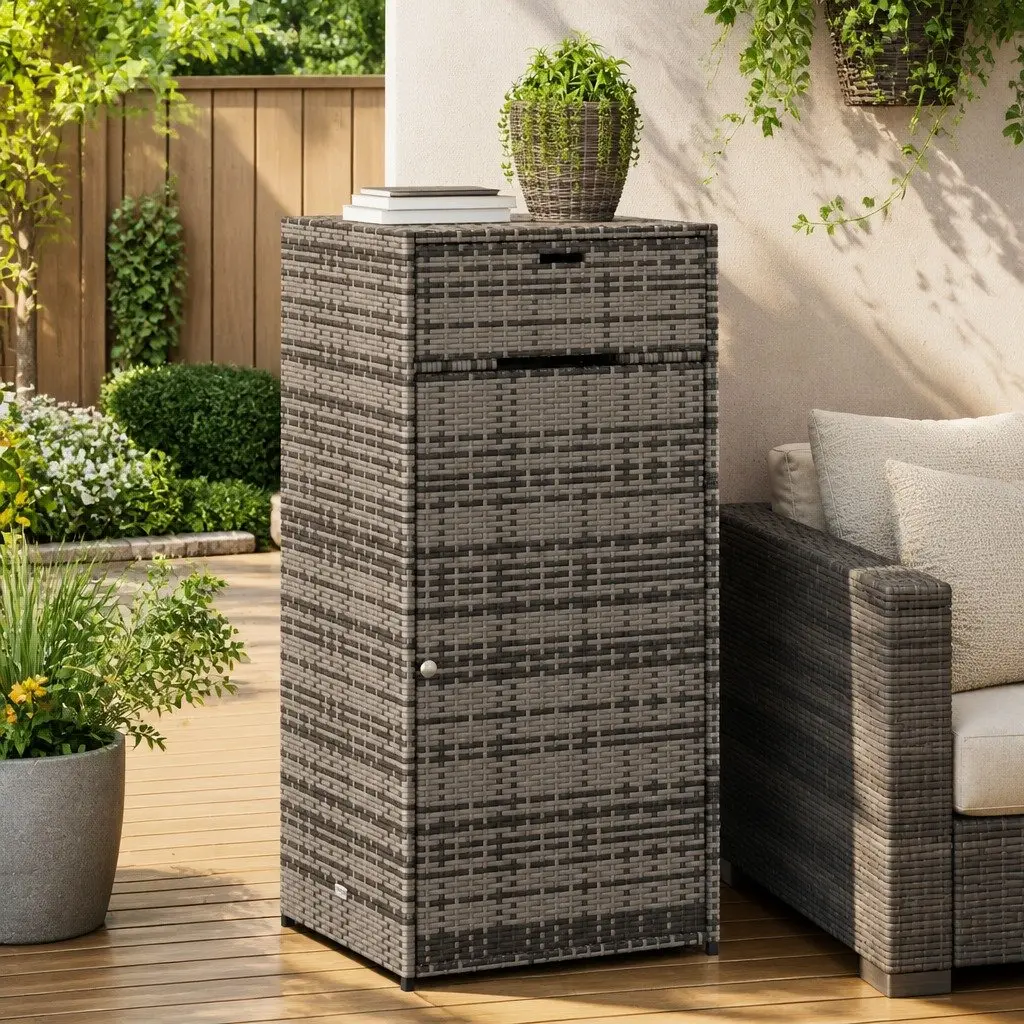 Garden Storage Cabinet Outdoor Grey PE Rattan Poly Storage Box 55 x 55 x 111 cm