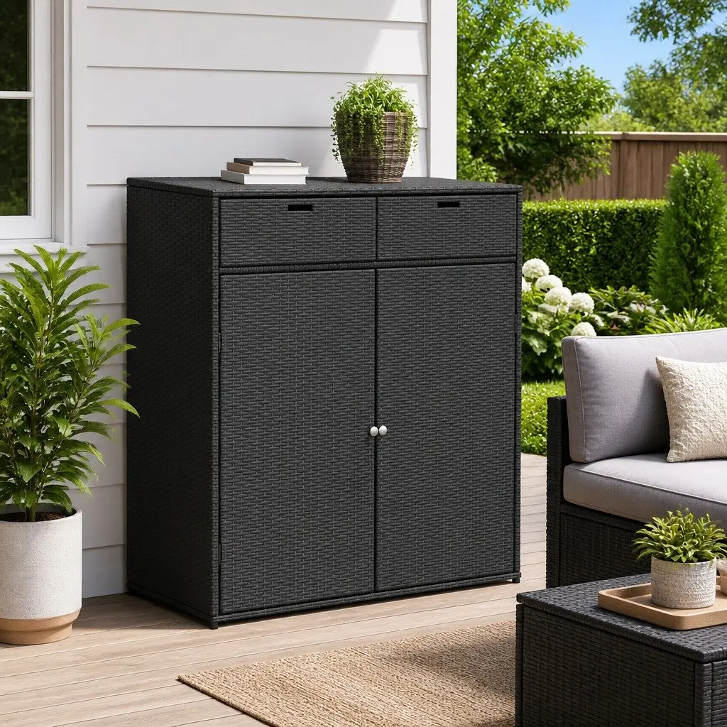 Garden Storage Cabinet Outdoor Poly Rattan Black Furniture Box Patio Balcony