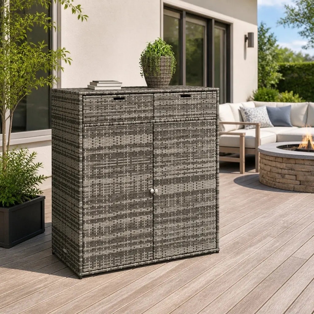 Garden Storage Cabinet Outdoor Poly Rattan Grey 105x55x113cm with Doors
