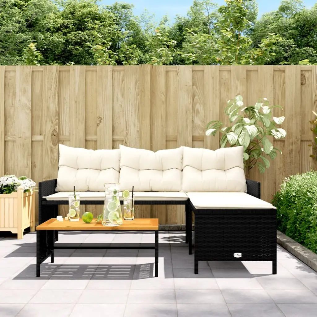 L-Shaped Garden Sofa Set with Table Black Poly Rattan Outdoor