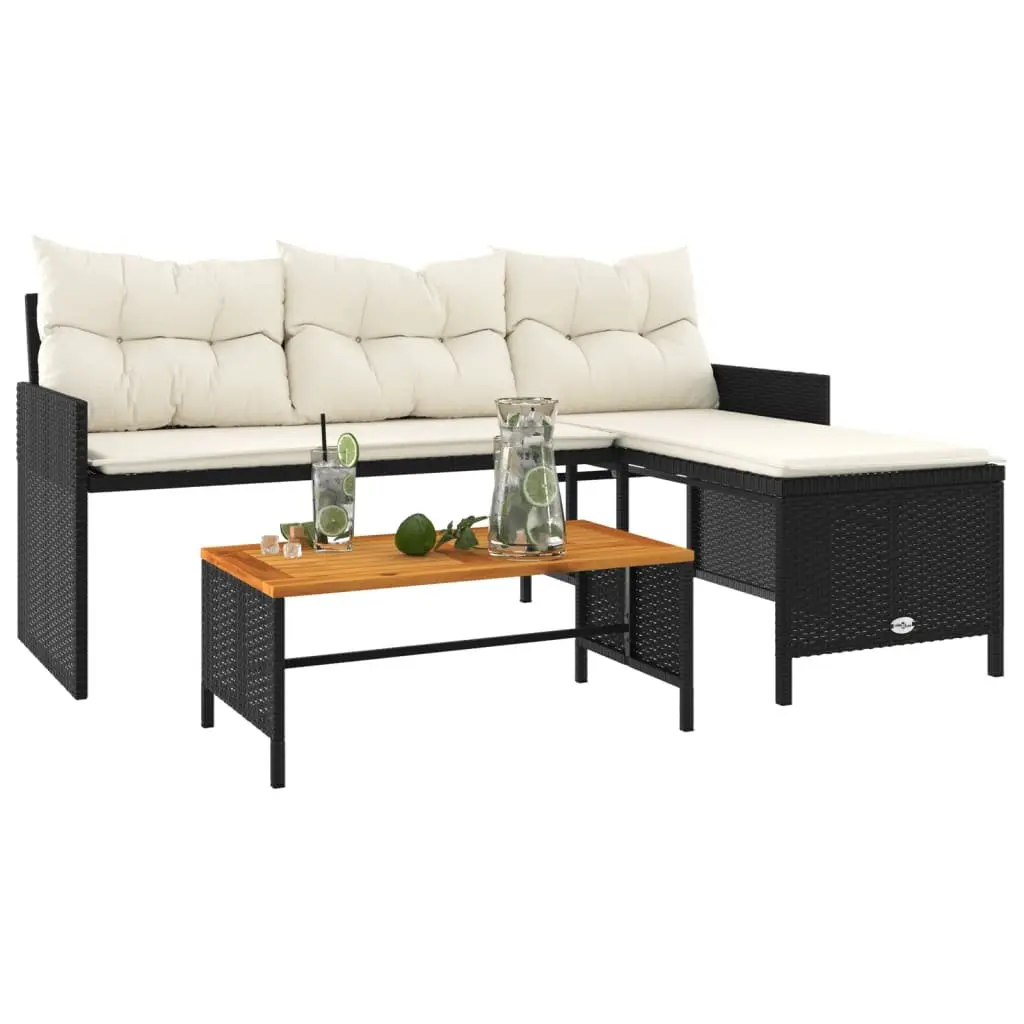 L-Shaped Garden Sofa Set with Table Black Poly Rattan Outdoor