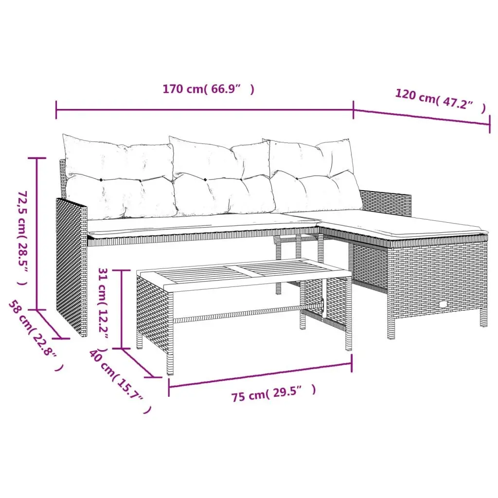 L-Shaped Garden Sofa Set with Table Black Poly Rattan Outdoor