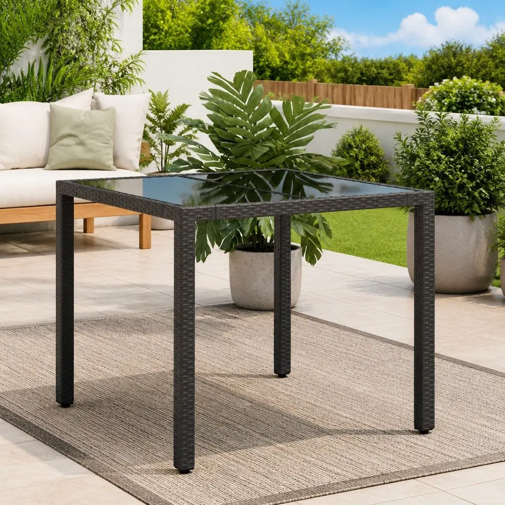 Garden Table Outdoor Use 90x90x75cm Black Glass Top Poly Rattan