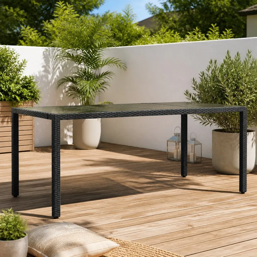 Garden Table Outdoor Tempered Glass Top 190 x 90 x 75 cm Black Poly Rattan
