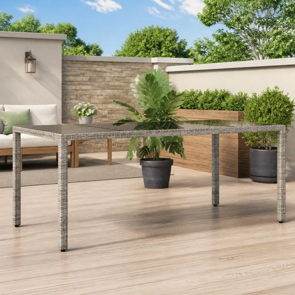 Grey Poly Rattan Garden Table with Glass Surface